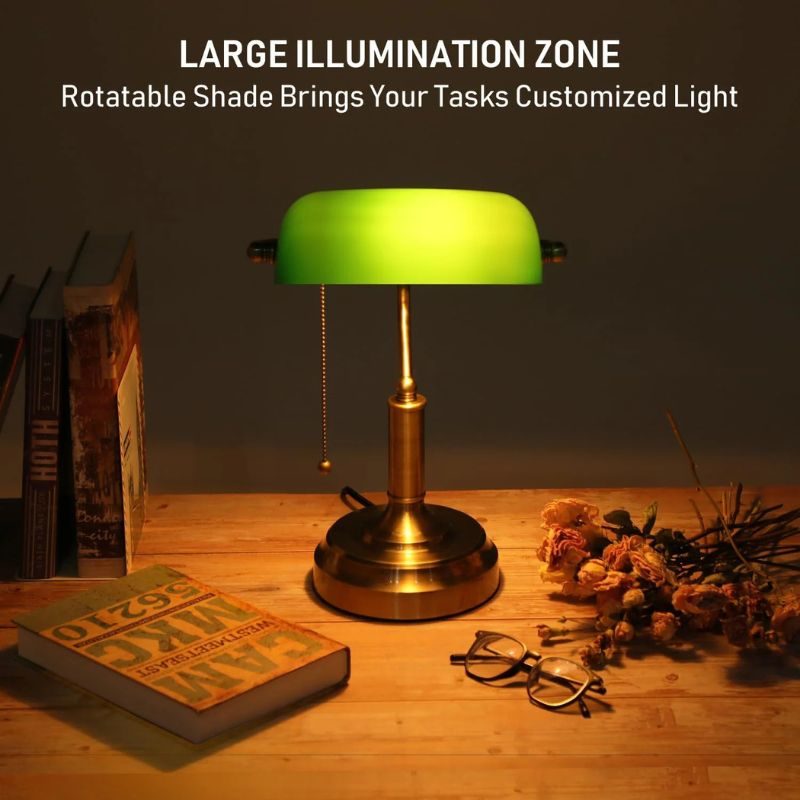 Green Glass Bankers Desk Lamp, UL Listed, Antique Desk Lamps with Brass Base, Traditional Library Lamp with Pull Chain, E26 Base, Vintage Desk Lamp for Office, Study Room