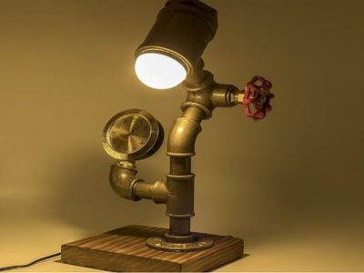 Industrial Steampunk LED Desk Lamp, Wood Base with Iron Piping Loft Style Vintage Antique Light, Retro Desk Lamp, Timer Edison Lamp Holder