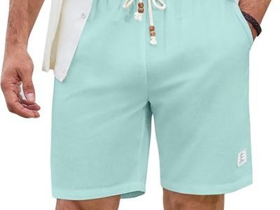 JMIERR Mens Shorts Linen Cotton 7" Casual Elastic Waist Drawstring Lightweight Summer Beach Shorts with Pockets