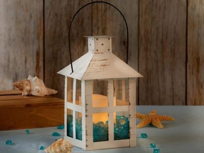 JUNXIAO-9 Inch White Vintage Distressed Rustic Candle Holder Decorative Lantern