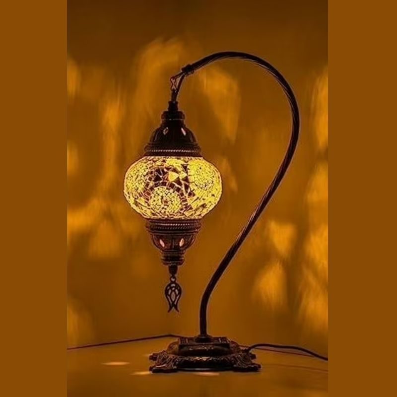 Kafthan - Turkish Handmade Mosaic Glass Table Lamp - Unique Custom Moroccan Swan Neck Lamp Shades - Decorative Globe Candelabra Room Decor Lantern Lamp - Desk Bedside Night Lamp -White Triple Circles