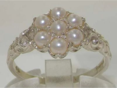 LBG 925 Sterling Silver Cultured Pearl Vintage Anniversary Ring - Size 8.5