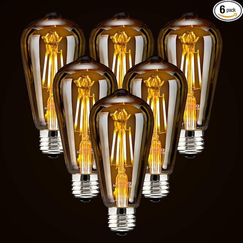 LED Dimmable Edison Light Bulbs 4W, 2200K-2400K Warm White (Amber Glass) ST64, E26 Base Pack of 6