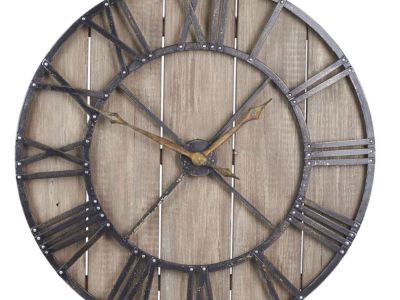 Large Oversized Decorative Rustic Wall Clock, Brown Wood black Metal