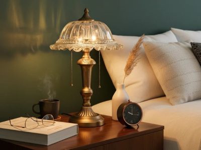 Large Vintage Glass Table Lamp with Antique Bronze Base