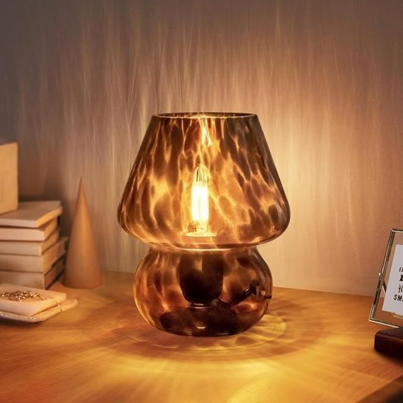 ONEWISH Mushroom Lamp Small Vintage Table Lamp for Bedroom Nightstand, Bedside Lamp Translucent Glass Stepless Dimmable, Murano Aesthetic Home Decor for Living Room Kitchen(Black)