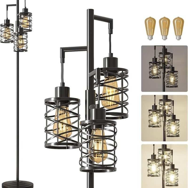 Oneach 68" Industrial Standing Floor Lamp, Stepless Dim Light with 3 Bulbs, Farmhouse & Corner Design, Tall Lamp for Home and Office, Black