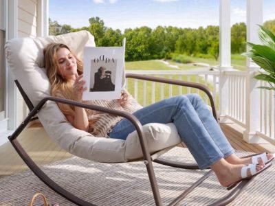 RADIATA Oversized Rocking Chair with Footrest, Patio Papasan Rocking Recliner