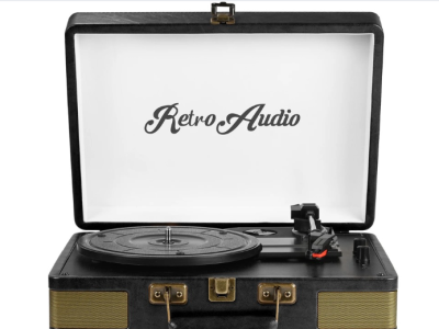 RetroAudio Vinyl Record Player 3-Speed Turntable with Bluetooth, Suitcase Portable Vintage Audio Turntable with Built-in Speakers, Black