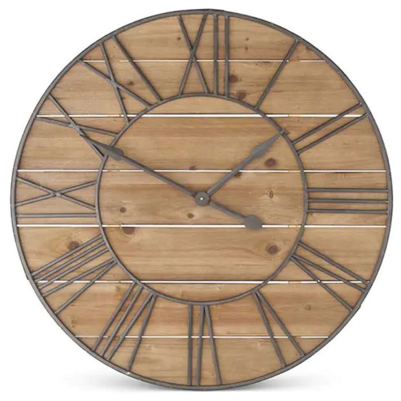 Round Wooden Clock has a wood background with metal numbers and details on the clock face.