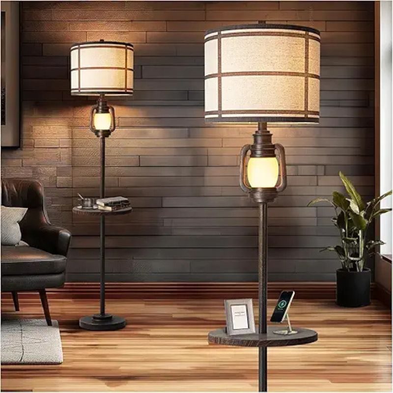 Rustic Farmhouse Metal Tray Floor Lamp For Living Room With Nightlight Vintage Tall Lamp With Linen Fabric Shade Industrial Standing Lamp For Bedroom Office.