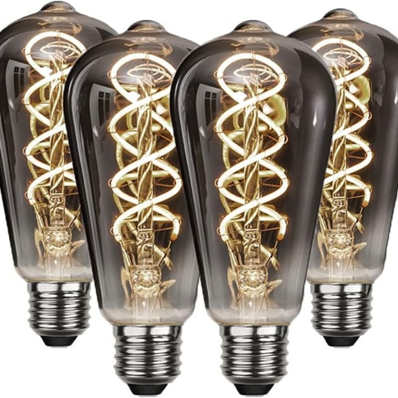 ST64 Vintage Edison Filament Light Bulb, Warm White Antique Flexible Spiral LED Filament Light Bulb, E26 Base Smoky Grey Glass Finishing, Dimmable Chandelier Vintage Fixture (4 Pack)