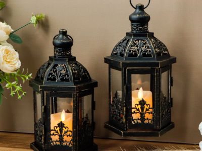 Set of 2 Vintage Decorative Lanterns 9.5 H Hanging Lantern Metal Candleholder with Tempered Glass