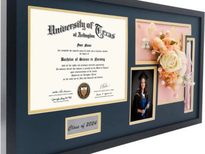 Shadow Box Frame Wood Display Case for Diploma & Photo with Graduation Cap & Tassel Holder Blue