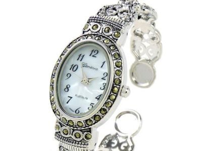 Silver Black Vintage Style Marcasite Crystal Oval Face