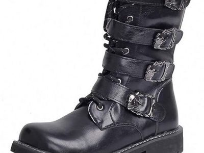 Tebapi Men's Leather Motorcycle Long Boots Side Zipper Waterproof Biker Riding Punk Rock Round Toe Cowboy Western Tactical Army Boot Black Lace up Men Shoes