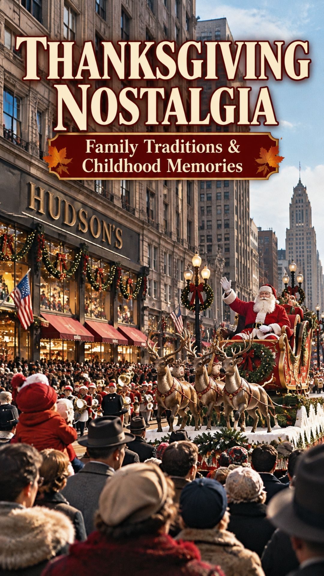 Vintage-style recreation of Hudson's Thanksgiving Day Parade in Detroit, featuring Santa Claus waving from his sleigh