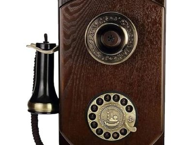 The Old Fashioned Wall Retro Landline—Corded Phones Wall Mounted Wooden Telephonewith Metal Parts with Vintage Rotary Dial and Metal Phones for Home Hotel