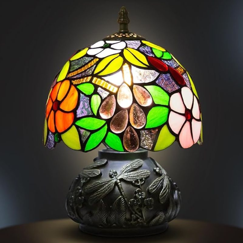 Tiffany Style Table Lamp, Small Stained Glass Lamp for Bedside, Bedroom, Nightstand, Living Room, 8 Inch Mini Vintage Mushroom Desk