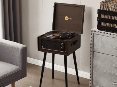 Arkrocket Discovery Record Player Vintage 3-Speed Turntable Bluetooth Speakers with Legs (Dark Walnut)
