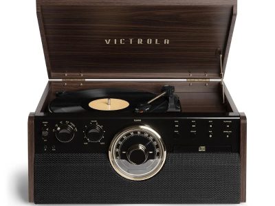Victrola 6-in-1 Wood Empire Mid-Century Modern Bluetooth Record Player with 3-Speed Turntable, CD, Cassette Player and Radio