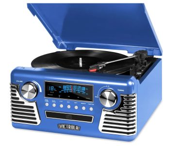 Victrola Haley Retro Bluetooth Record Player features a 3-speed, belt-driven turntable