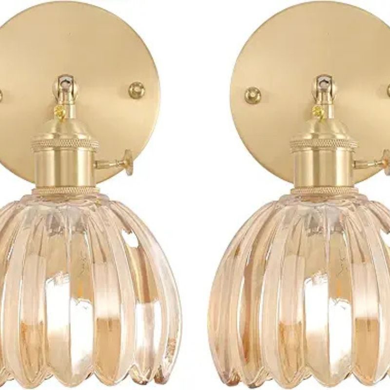 Vintage Wall Sconces Set of 2 with Amber Tulip Glass Lampshade 180 Degree Adjustable Brass Sconces Hradwired Modern Wall Lighting Fixture with Switch for Bedside Bedroom Doorway