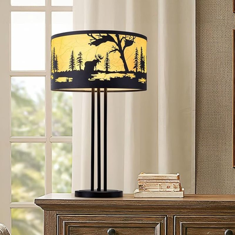 Wellmet Black Table Lamp, 4 Lights Drum Shade Dining Table Lamp, Farmhouse Rustic Western Lamps for Living Room, Bedroom, Desk, Office,Reading Room, Corridor