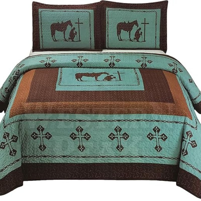 Western Peak 3 Pc Luxury Western Texas Cross Praying Cowboy Horse Cabin Lodge Barbed Wire Luxury Quilt Bedspread Oversize Comforter (Oversize King, Turquoise Teal)