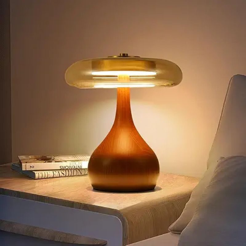 Wooden Table Lamps for Living Room - Farmhouse Lamps for Night Stands with Adjustable Brightness - Amber Glass Shade, Modern Nightstand & Desk Lighting for Bedroom,Office