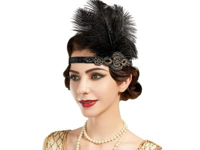 1920s Headpiece Flapper Headband, Feather Rhinestone Roaring 20s Great Gatsby Hair Accessories