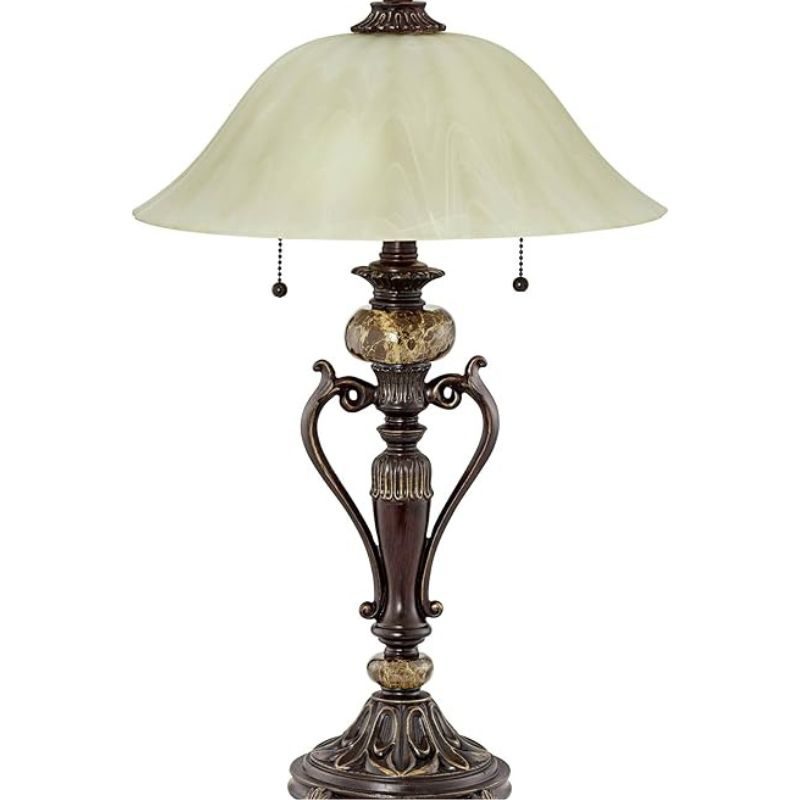 kathy ireland Amor Traditional Vintage Table Lamp 26" High Bronze Brown Marble Flared Alabaster Champagne Glass Shade Decor for Living Room Bedroom House Bedside Nightstand Home Office Family